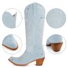 Women Cowboy Boots Faux Suede Embroidered Pointed Thick Heeled Western Wide Calf Cowgirl Ponited Toe Mid Calf Boots