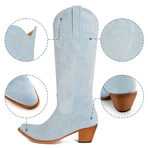 Women Cowboy Boots Faux Suede Embroidered Pointed Thick Heeled Western Wide Calf Cowgirl Ponited Toe Mid Calf Boots