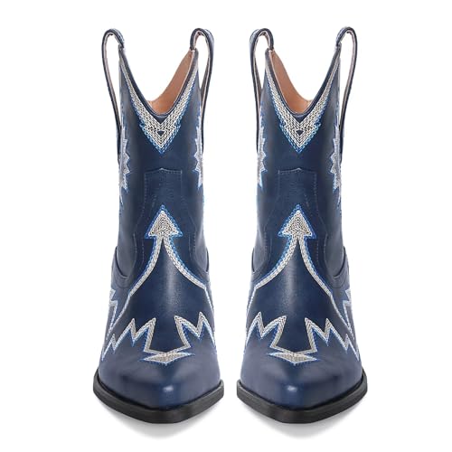 Western Boots for Women Metallic Embroidered Pointed Toe Cowgirl Boots Chunky Heel Pull-On Short Cowboy Boots Wide Calf Country