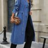 Womens Long Denim Jacket Plus Size Lapel Collar Long Sleeve Trench Coat Button Down Over Knee Tunic Outerwear