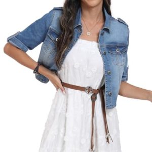 Women's Short Sleeve Stretch Denim Jacket Retro Casual Button Down Cropped Trucker Jean Jackets