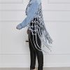 Womens Loose Long Fringe Distressed Denim Jacket Cropped Button Down Ripped Back Knotted Jean Coat