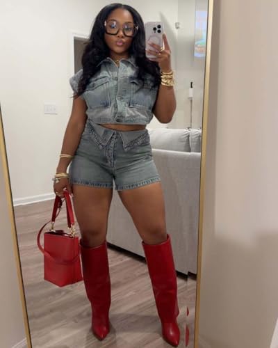 Women's Denim 2 Piece Outfits Button Down Crop Jacket and Shorts Set Summer Sexy Jeans Tracksuits
