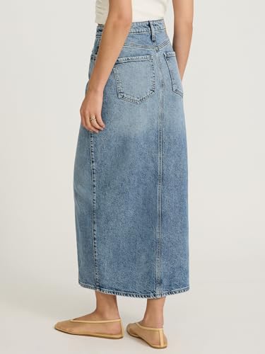 Women’s Maxi Denim Skirt – High Waisted Stretch Jean Skirt with Front Slit – Medium Wash
