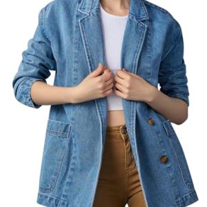 Womens Long Denim Jacket Button Up Blazer Oversized Notched Lapel Casual Jean Shacket Coat