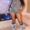 Denim Outfits for Women 2 Piece Casual Long Sleeve Zip Up Cropped Jacket Skinny Jean Shorts Set with Belt