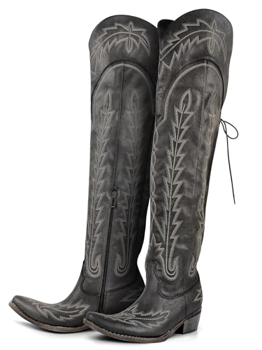 Over the Knee Cowboy Boots for Women Adjustable Thigh High Cowgirl Boots