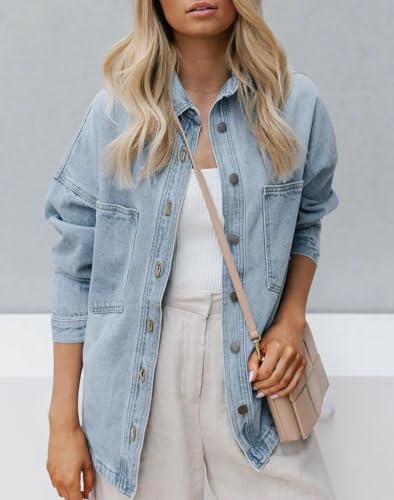 41YSUVifNaL.jpg Womens Denim Shirt Long Sleeve Oversized Boyfriend Jean Jacket Shacket Trendy Button Down Shirt