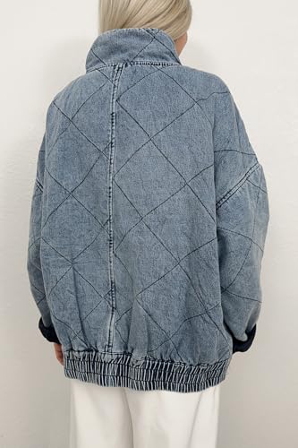 Women's Oversized Long Sleeve Denim Jacket Casual Loose Fit Zip Up Jean Quilted Jackets Coat with Pockets