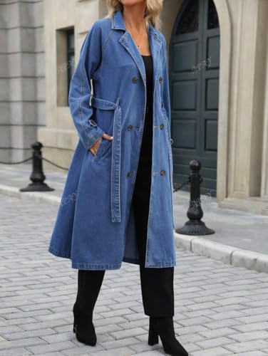 Womens Long Denim Jacket Plus Size Lapel Collar Long Sleeve Trench Coat Button Down Over Knee Tunic Outerwear