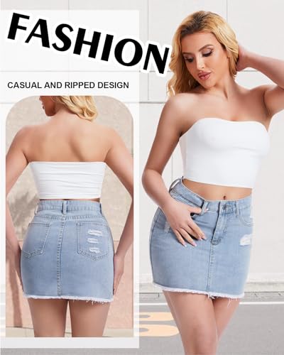 Casual Jean Skirts for Women Denim Mini Skirt Ripped Mid Waist Jean Skirt Frayed Raw Hem Denim Skirts