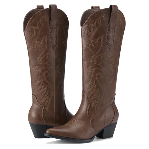 Cowboy Boots for Women Cowgirl Boots Embroidered Knee-High Western Boots Pointy Toe with Chunky Heel