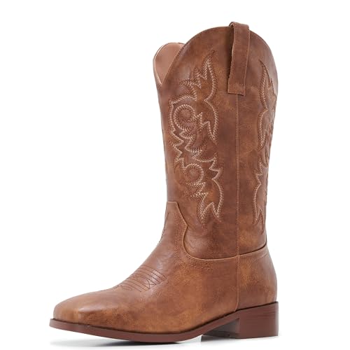 Cowgirl Boots Square Toe Cowboy Boots For Women Ladies Mid Calf Low Heel Flat