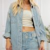 Women's Striped Denim Jackets Casual Long Sleeve Fall Jean Outfits Boyfriend Denim Coat with Pockets