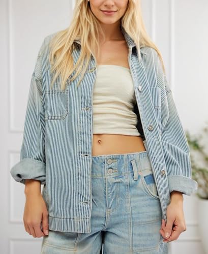 Women's Striped Denim Jackets Casual Long Sleeve Fall Jean Outfits Boyfriend Denim Coat with Pockets