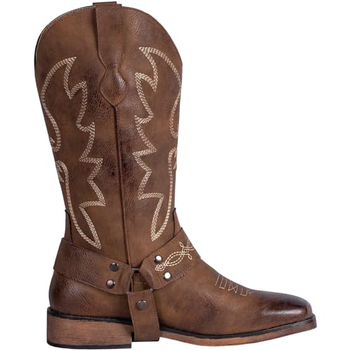 Ladies Fashion Strap Cowboy Boots for Women Square Toe Mid Calf Western Cowgirl Boots