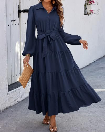 Women's Long Sleeve Dress 2025 Button Down Belted A-Line Flowy Fall Outfits Ruffle Maxi Holiday Party Dresses