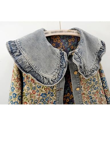 Womens Peter pan Collar Embroidered Jean Jackets Long Sleeve Jacquard Versatile Denim Jackets