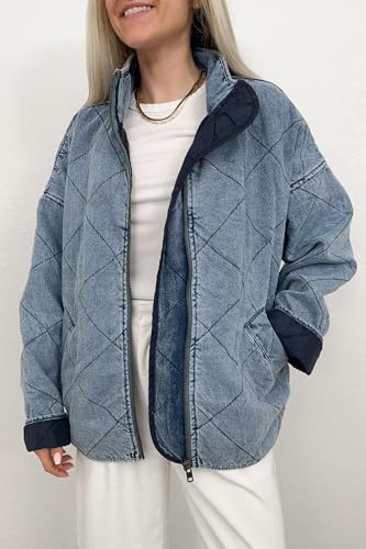 Women's Oversized Long Sleeve Denim Jacket Casual Loose Fit Zip Up Jean Quilted Jackets Coat with Pockets