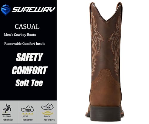 Cowboy Boots For Men - Mens Sport Wide Square Toe Western Boot,Oil/Slip Resistant,Durable Fashionable Classic Pull on 10 Inch