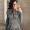 Denim Outfits for Women 2 Piece Casual Long Sleeve Zip Up Cropped Jacket Skinny Jean Shorts Set with Belt