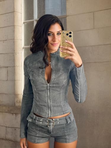 Denim Outfits for Women 2 Piece Casual Long Sleeve Zip Up Cropped Jacket Skinny Jean Shorts Set with Belt