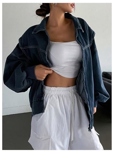 41eQj0mdL.jpg Women's Zip Up Denim Jacket Long Sleeve Oversized Jean Jacket Outerwear