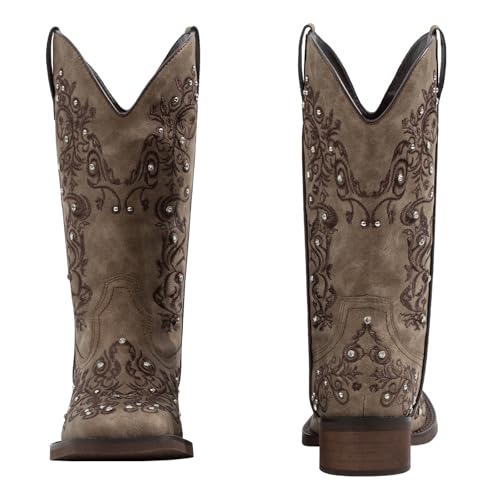 Women's Cowboy Boots Square Toe Rhinestone Mid Calf Floral Western Boot Fashion Cowgirl Shoes