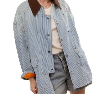 Women's Jean Jacket Oversized Striped Denim Jacket Long Sleeve Button Down Fashion Fall Shacket Barn Coat 2024