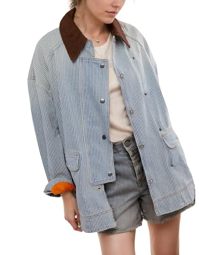 Women's Jean Jacket Oversized Striped Denim Jacket Long Sleeve Button Down Fashion Fall Shacket Barn Coat 2024