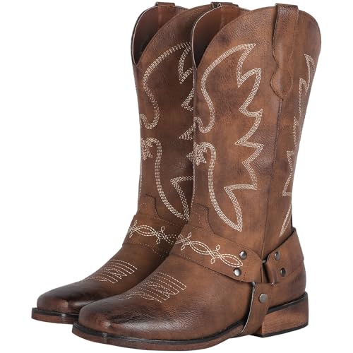 41fRY3uuZDL.jpg Women's Buckle Strap Wide Calf Cowboy Boots Square Toe Western Cowgirl Boots