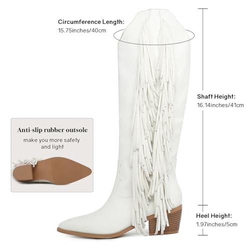 Cowgirl Fringe Boots For Women White Tassels Cowboy Boots Knee High Pointed Toe Western Boots