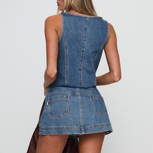 Women’s Tie Front Denim Jean Vest Top and Mini Skirt 2-Piece Set Summer Trendy Going Out Outfits Clothes 2025