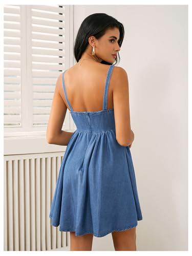Women's Casual Square Neck Denim Dress Ruffle Hem A Line Mini Dress