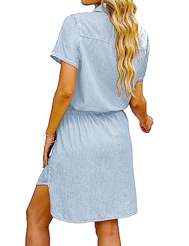 41gBStKiROL.jpg Women Casual Denim Dress Short Sleeve Tie Waist Classic Jean Shirt Dress