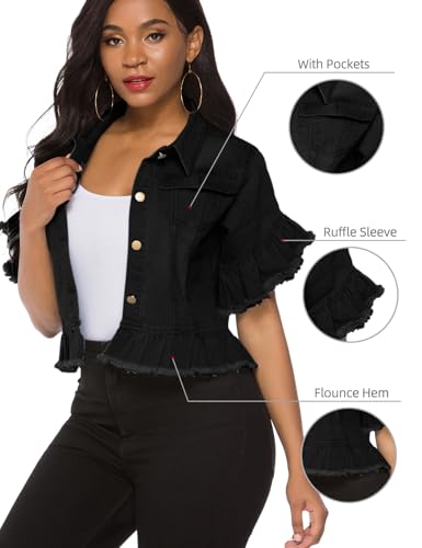 Women's Denim Jacket Button Down Distressed Ruffle Sleeve Crop Jean Jackets Coat