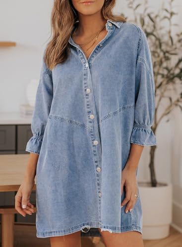 41gdZk-6QzL.jpg Womens Smocked 3 4 Sleeve Button Down Denim Jeans Dresses