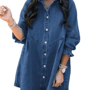 Womens Smocked 3 4 Sleeve Button Down Denim Jeans Dresses