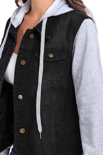 41h8E3Mf4yL.jpg Women's Classic Casual Hooded Denim Jacket Drawstring Vintage Washed Jean Jacket Sweatshirt with Pockets