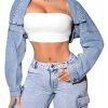 Women's Y2k Open Front Cropped Denim Jean Long Sleeve Street Jacket Coat