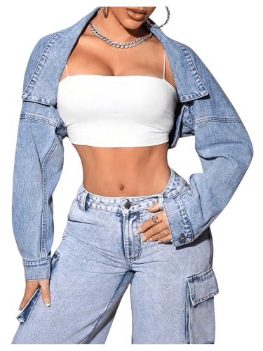 Women's Y2k Open Front Cropped Denim Jean Long Sleeve Street Jacket Coat