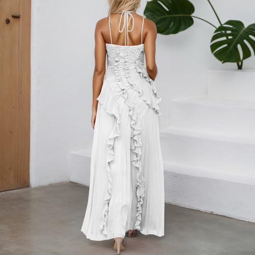 Chiffon Tiered Dresses for Women Formal Halter Sleeveless Flowy Maxi Dress Summer Sexy Irregular Hem Solid Sundresses