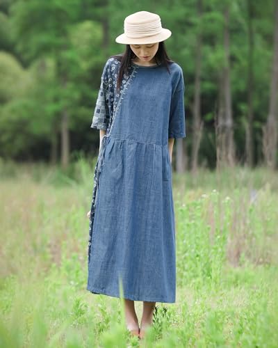 Flower Pattern Casual Denim Dress Blue Short Sleeved Patch Medium Long Robe Loose Fit