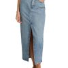 Women’s Maxi Denim Skirt – High Waisted Stretch Jean Skirt with Front Slit – Medium Wash