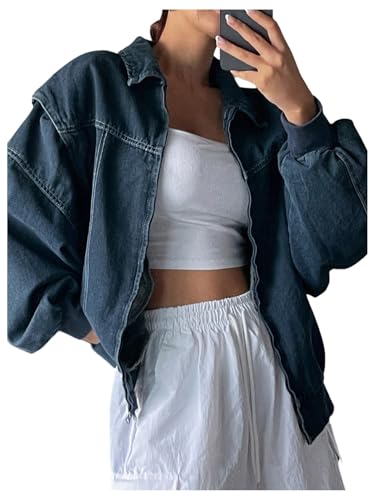 41iiSOZEWbL.jpg Women's Zip Up Denim Jacket Long Sleeve Oversized Jean Jacket Outerwear