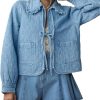Womens Denim Jacket Casual Long Sleeve Peter Pan Collar Denim Shirts Tie Front Shacket Loose Fit Top