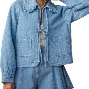 Womens Denim Jacket Casual Long Sleeve Peter Pan Collar Denim Shirts Tie Front Shacket Loose Fit Top