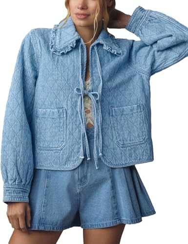 Womens Denim Jacket Casual Long Sleeve Peter Pan Collar Denim Shirts Tie Front Shacket Loose Fit Top