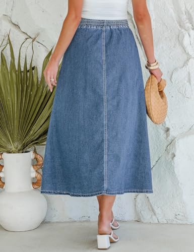 Denim Skirts for Women Trendy A Line Long Maxi Pull On Elastic Waist Drawstring Stretchy Jean Skirt with Pockets