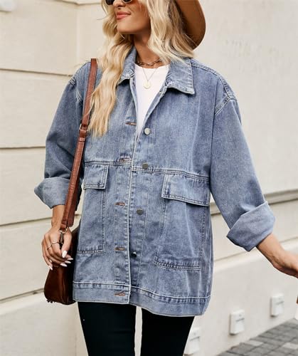 Women's Oversized Denim Jacket Casual Long Sleeve Vintage Jean Jacket Top Coat with Detachable Hood